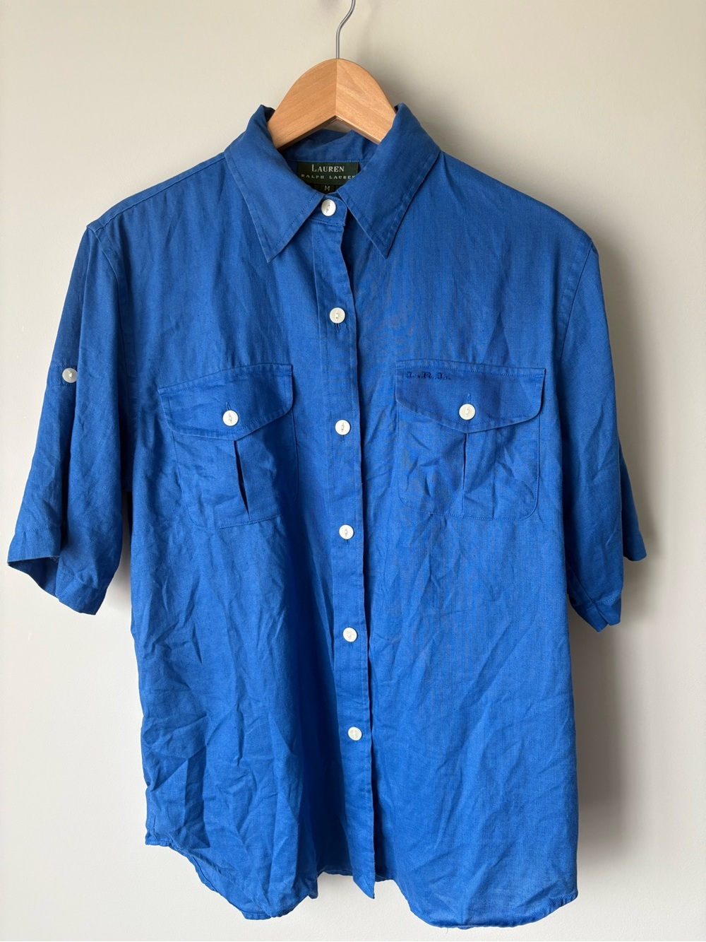 Women’s Vintage Lauren Ralph Lauren Royal Blue 100% Linen Button-Up Shirt Medium